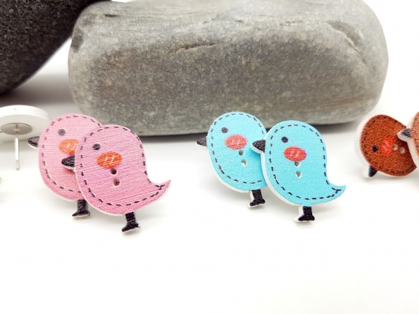 Spatz Knopf Ohrstecker Vögelchen Holz Button